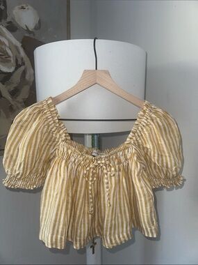 Faithfull the Brand Yellow and White Striped Tie-Front Puff Sleeve Crop Top